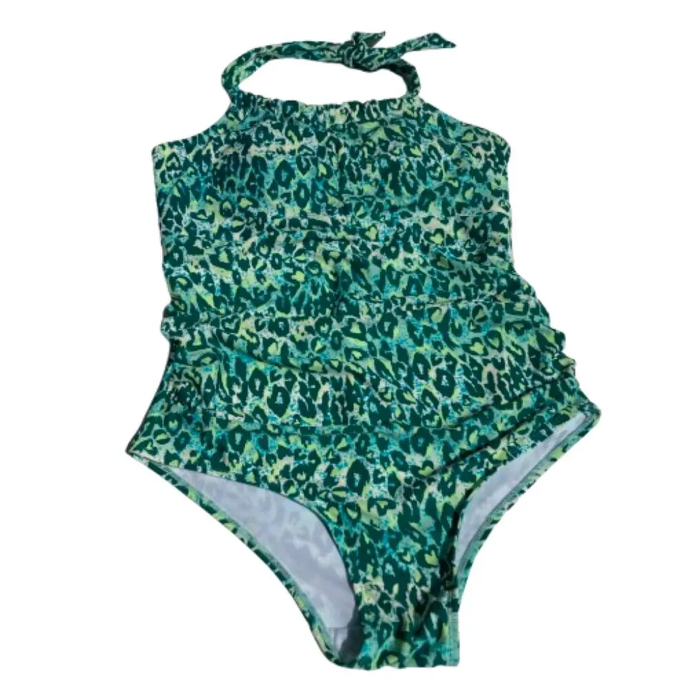 Serra NWT Swimsuit One Piece Halter Blue-Green Cheetah Premium Molded Cups Large